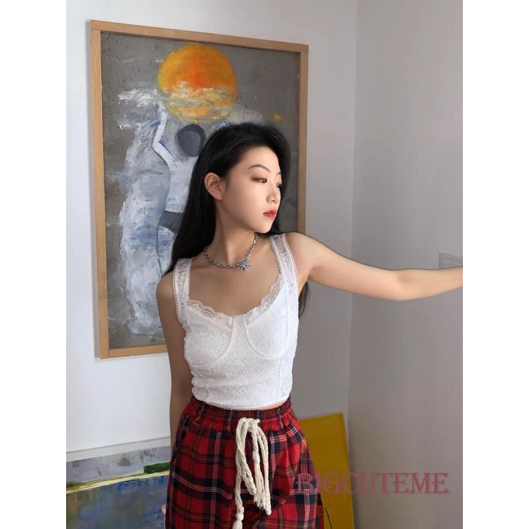 [] Áo Croptop Ren Không Tay Màu Trơn Mùa Hè Ôm Dáng Cho Nữ