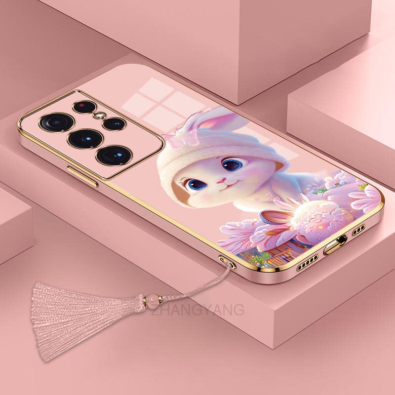 ốp lưng Samsung s23 Ultra s23 plus s23 Ốp Điện Thoại Tpu Dẻo Mạ Màu Gradient In Hình Thỏ Kèm Dây Đeo Cho Samsung s23 Ultra s23 plus s23