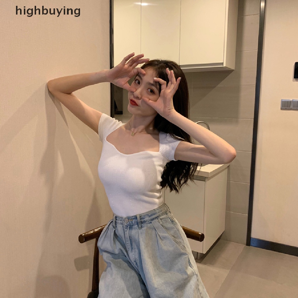 Áo Thun Dệt Kim Tay Ngắn Cổ Vuông Màu Sắc Đơn Giản Cho Nữ