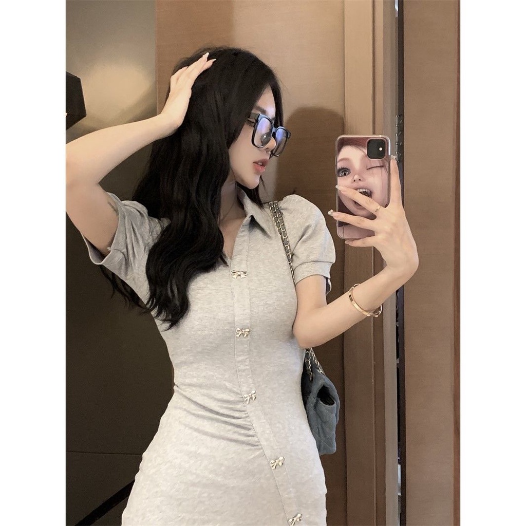 Đầm Ngắn Ôm Dáng Tay Phồng Cổ Polo Duyên Dáng Thời Trang Mùa Hè Hàn Quốc 2022 Dành Cho Nữ