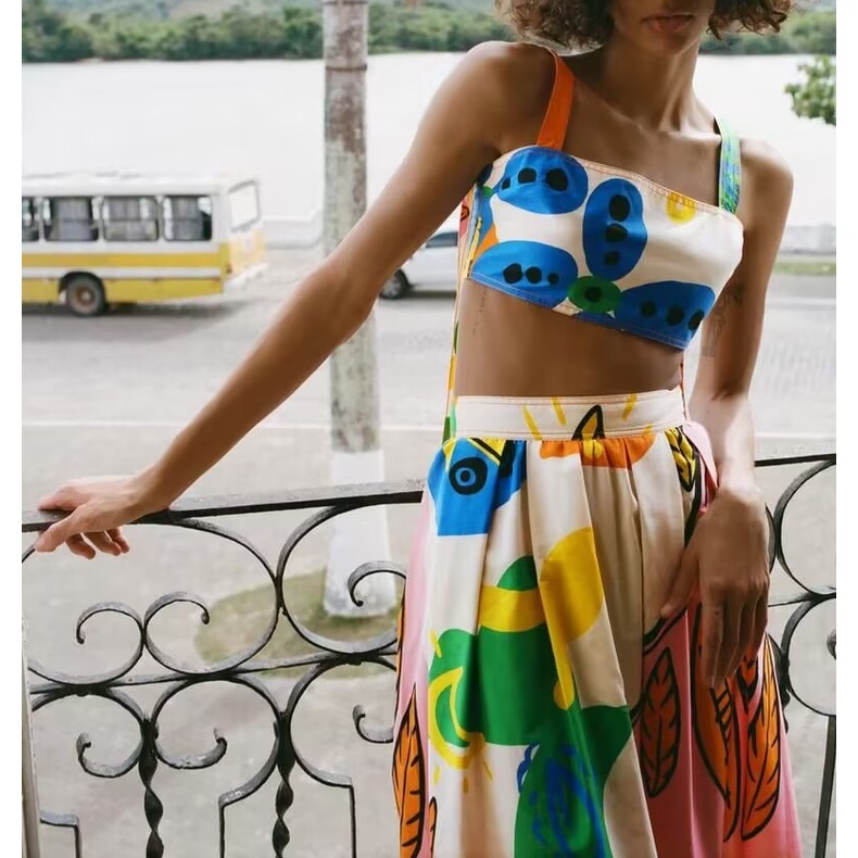 Bộ Áo In Họa Tiết Thắt Nơ Phối Chân Váy Thời Trang ZARA Mùa Hè 2897125 2889125