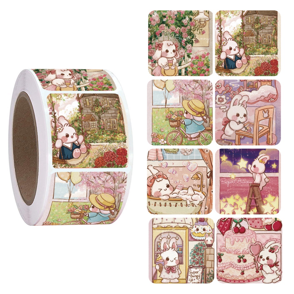 1 Cuộn / 500 Sticker Thỏ Hoạt Hình Dán Trang Trí Nhật Ký