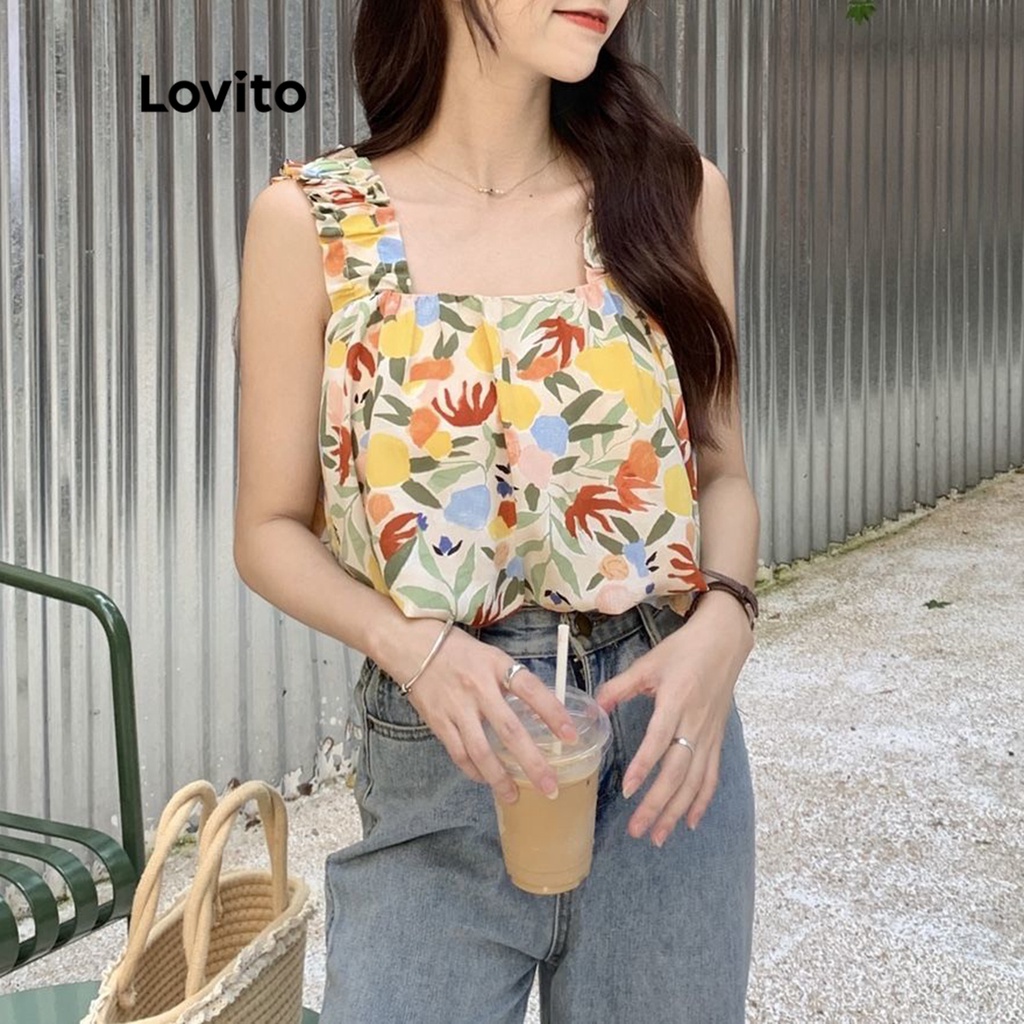 Áo dây Lovito không tay cổ vuông phối xếp nếp họa tiết hoa thường ngày cho nữ LNE04005 (nhiều màu sắc)