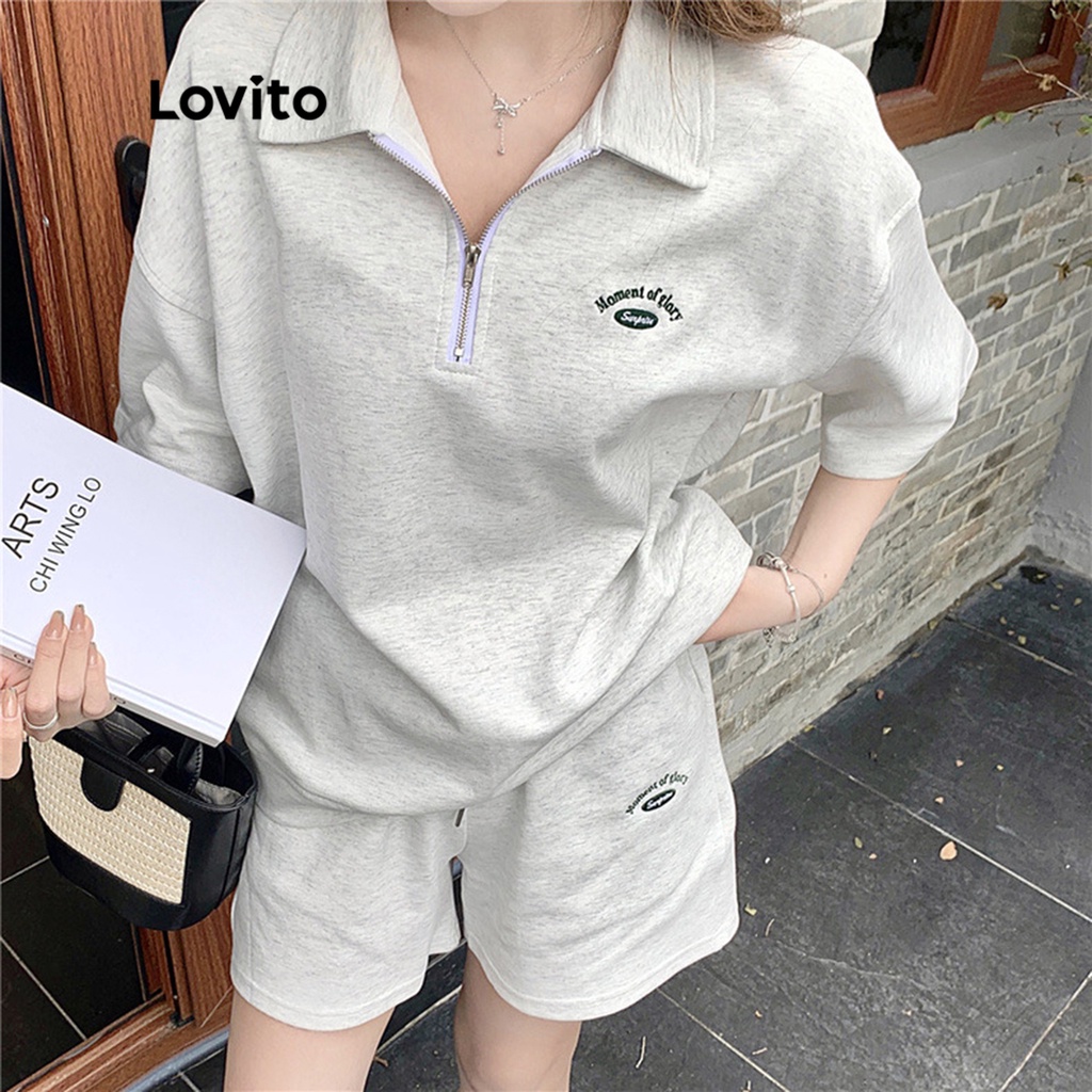 Lovito Bộ quần short ngắn tay có khóa kéo kiểu chữ thông thường dành cho nữ LNE05193 (Xám)