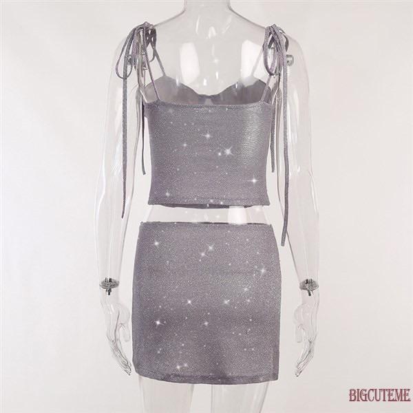 Bộ Trang Phục 2 Mảnh Gồm Áo Hai Dây Và Chân Váy Chữ A Mini Màu Bóng Thời Trang Cho Nữ