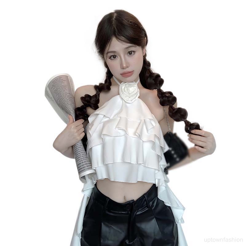 Áo Voan Hai Dây Hở Lưng Phối Bèo Họa Tiết Hoa Ngọt Ngào Cho Nữ