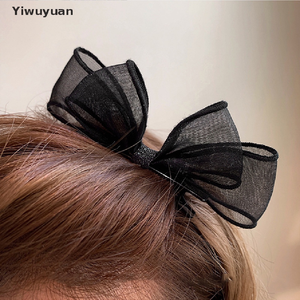 < Yiwuyuan > Kẹp Tóc Nơ Lưới Hai Lớp Phối Ren Màu Đen Ngọt Ngào Thời Trang Ngọt Ngào Cho Nữ Sinh