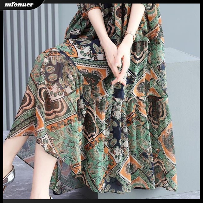 Đầm Tay Ngắn Cổ Chữ V In Họa Tiết Retro Thời Trang Dành Cho Nữ