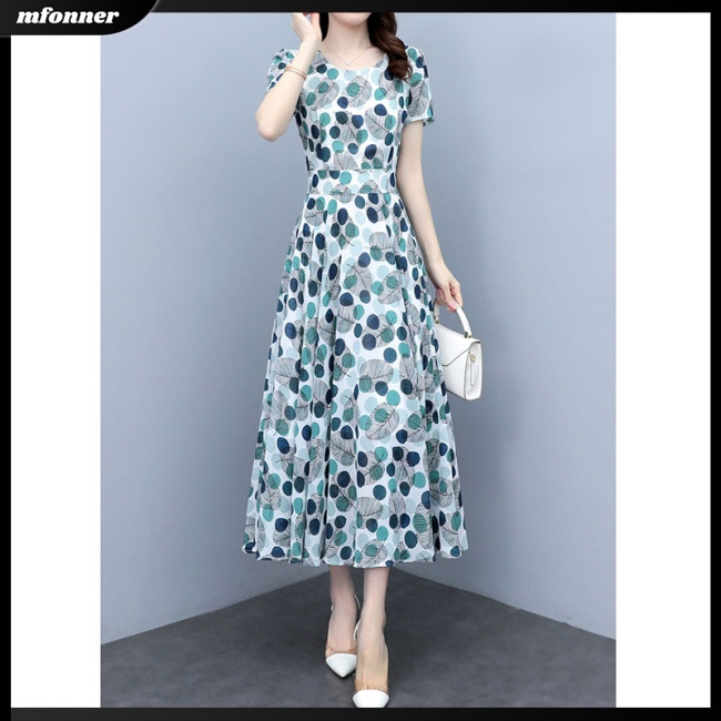 Đầm Dài Ôm Dáng Tay Ngắn Cổ Tròn In Họa Tiết Chấm Bi Kích Thước Lớn Thời Trang Mùa Hè Cho Nữ