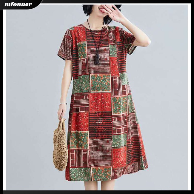 Đầm Midi Tay Ngắn Dáng Rộng Cổ Tròn Plus Size Thời Trang Mùa Hè Cho Nữ