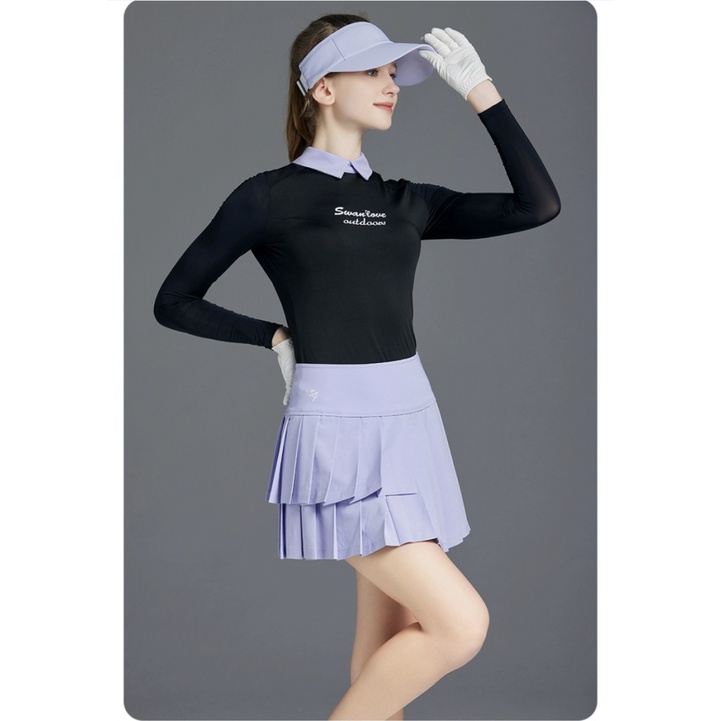 Bộ Trang Phục Đánh Golf Áo Thun Tay Dài Phối Chân Váy Xếp Ly Ôm Dáng Màu Sắc Tương Phản Thời Trang Cho Nữ OBQ9
