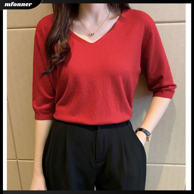 Áo Thun Tay Lửng Dáng Rộng Cổ Chữ V Màu Trơn Thoáng Khí Thời Trang Cho Nữ