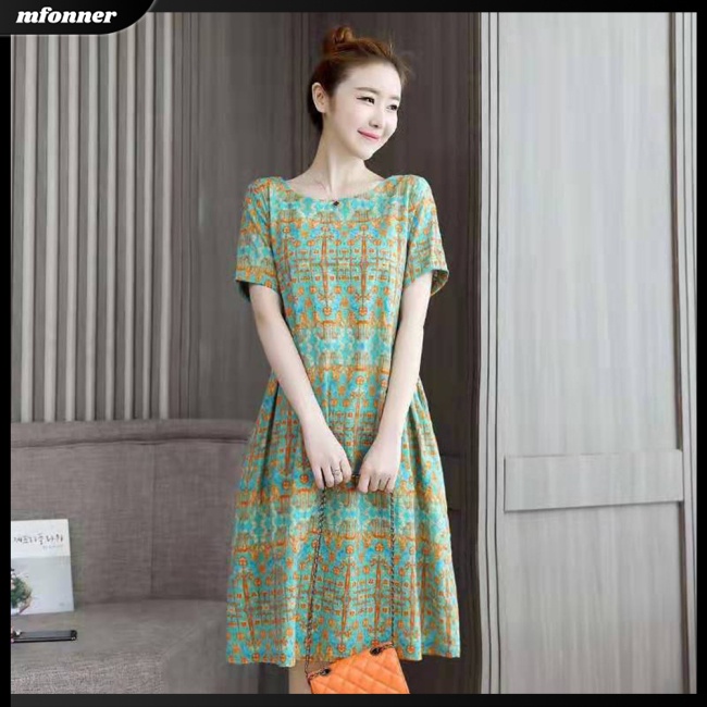 Đầm Tay Ngắn Cổ Tròn Plus Size Phong Cách Retro Thời Trang Cho Nữ