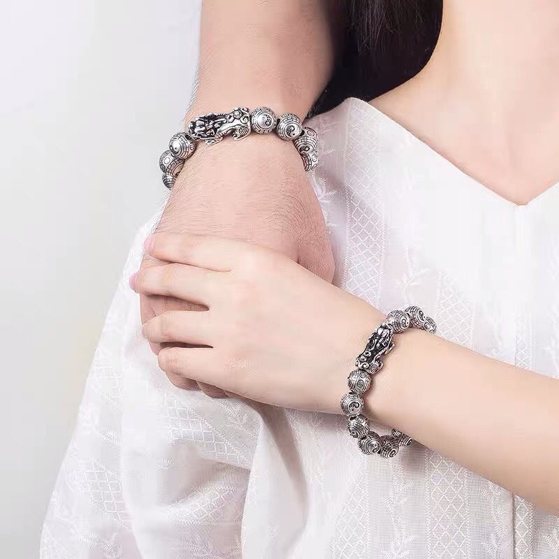 Vòng Tay Chuỗi Hạt Mạ Bạc S999 Hình Sư Tử May Mắn