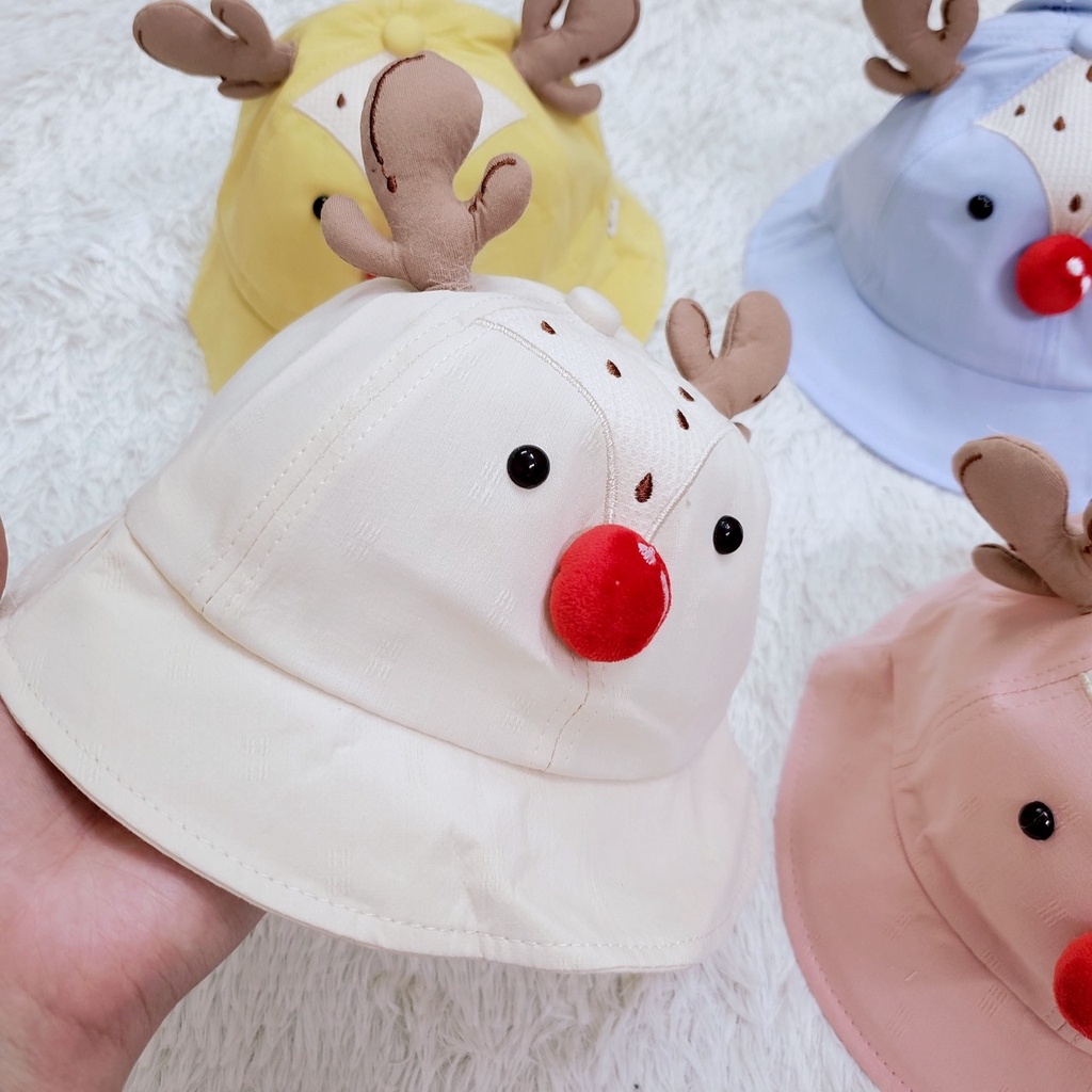 Mũ mùa hè vành tròn che nắng sừng tuần lộc đáng yêu vải cotton mềm mát cho bé 1-3 tuổi