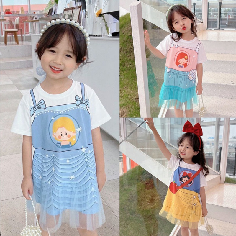 Khung Thành Cho Bé Chất Lượng Cao❤Đầm Lưới Giả Hai Lớp Thoải Mái Họa Tiết Hoạt Hình Thời Trang Mùa Hè Cho Bé Gái