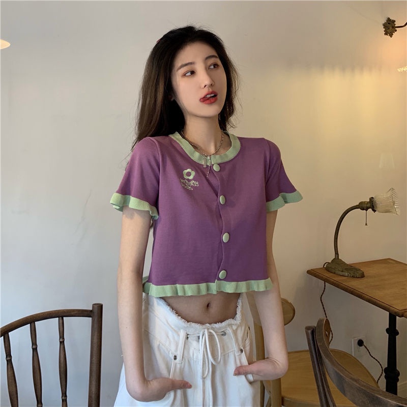 Jiashucheng Áo Thun Cardigan Mỏng Thêu Họa Tiết Màu Sắc Tương Phản Thời Trang Mùa Hè Cho Nữ