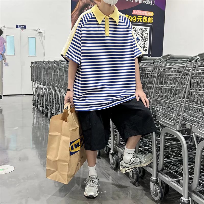 Áo Thun polo Ngắn Tay Họa Tiết Kẻ Sọc Thời Trang Phong Cách Hàn Quốc Cho Nam Cỡ Lớn M-3XL
