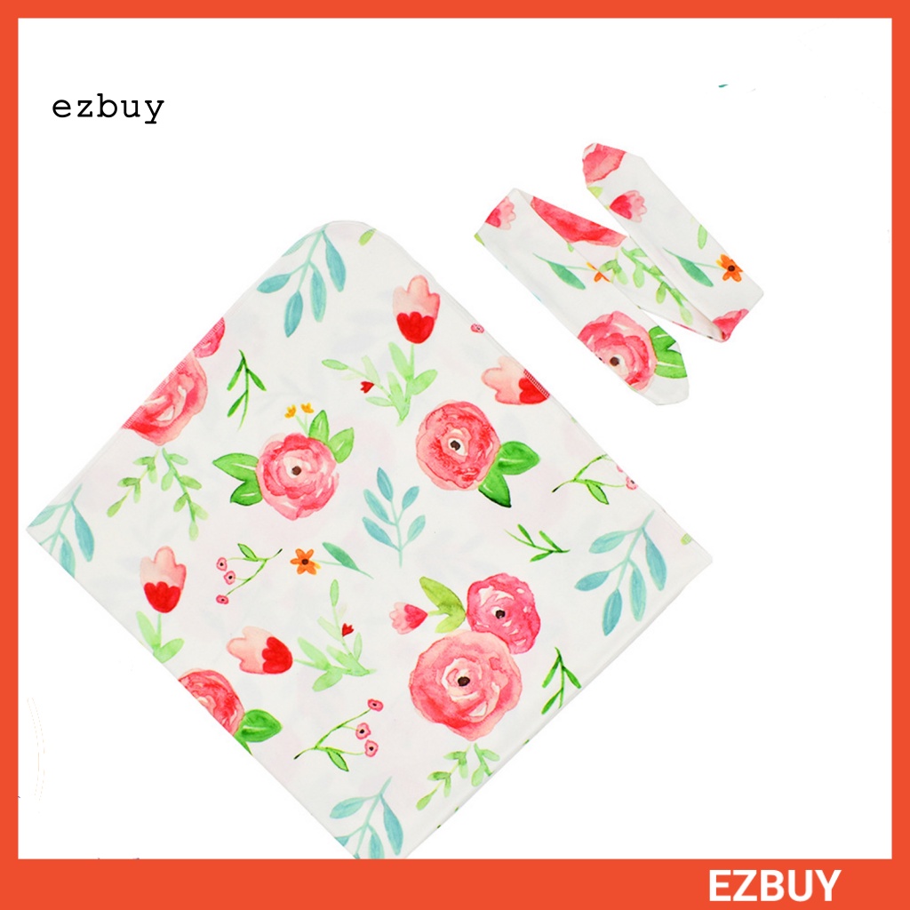 Bộ 2 Chăn Quấn Và Băng Đô In Hoa Giữ Ấm Cho Bé Sơ Sinh