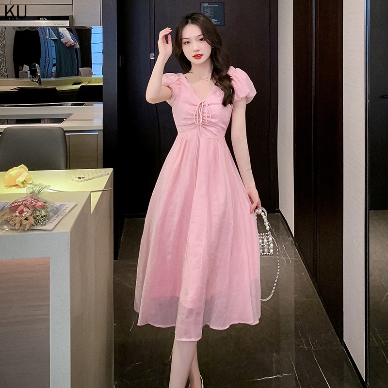 Đầm Dài Tay Ngắn Phồng Cổ Chữ V Màu Hồng Thời Trang Hàn Quốc Mới 2023