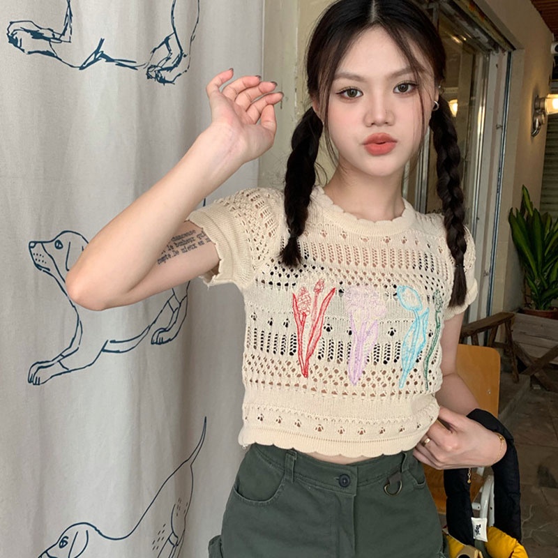 Áo Thun Lửng Đan Len Họa Tiết Hoa Thời Trang Cho Nữ