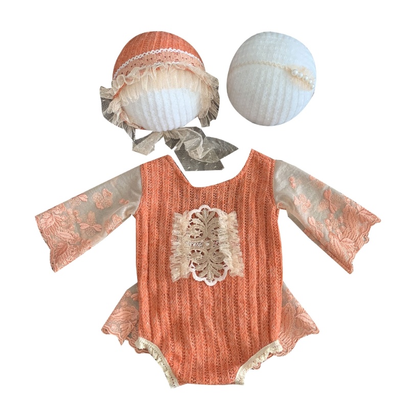 Bộ Áo Liền Quần Tay Dài Phối Ren Công Chúa + Băng Đô Co Giãn Thời Trang Dự Tiệc Cho Bé Sơ Sinh