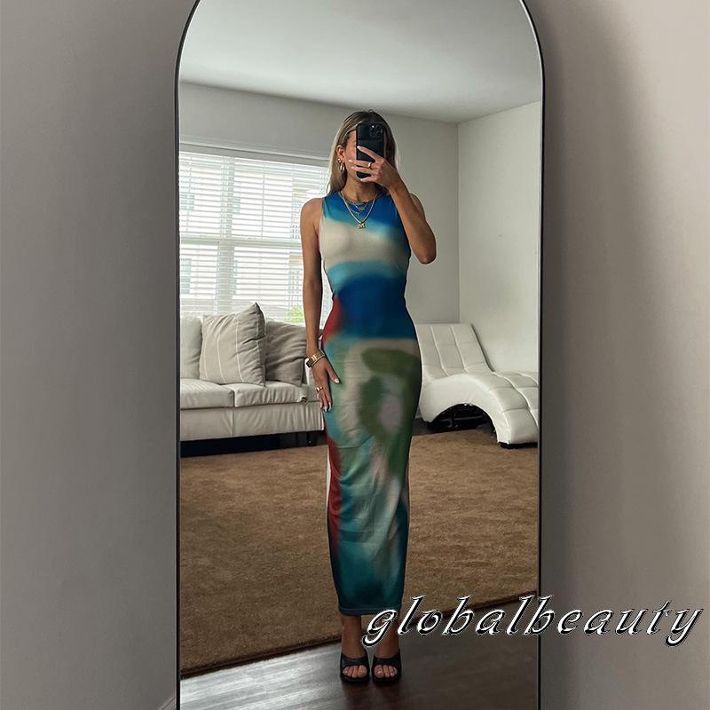 Đầm Dài Không Tay Cổ Tròn Họa Tiết Màu Nhuộm Phong Cách Mùa Hè Cho Nữ