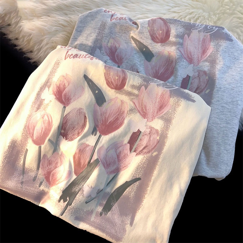 Áo Thun 100% Cotton Tay Ngắn Dáng Rộng Họa Tiết Hoa Tulip Thời Trang Mùa Hè Cho Nữ