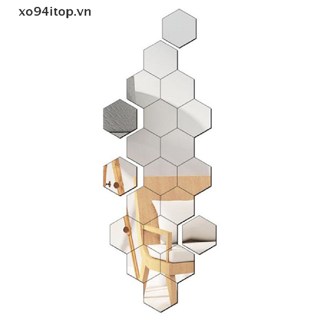 Set 12 Đề Can Vinyl Hình Lục Giác Tráng Gương 3D DIY Trang Trí Nhà Cửa Có Thể Tháo Gỡ