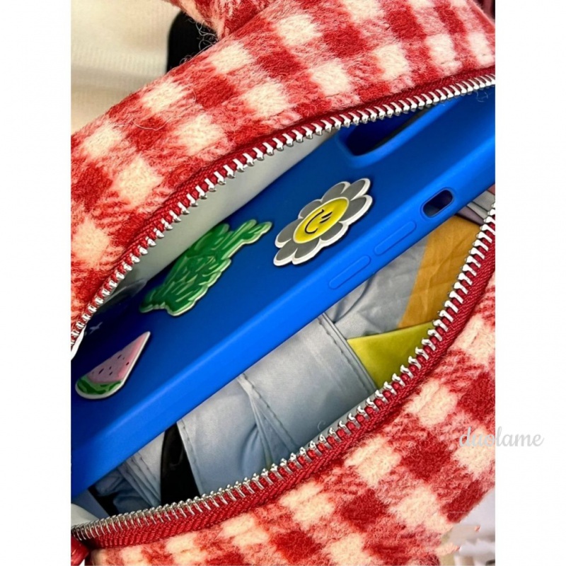 Túi Xách Đeo Vai Kiểu Vuông Nhỏ Sọc Ca Rô Phối Lông Thời Trang Nữ Đáng Yêu