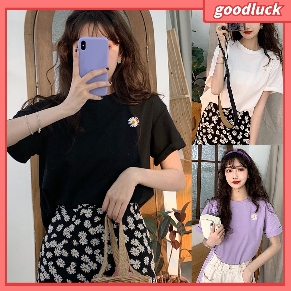 Áo Thun Tay Ngắn Cổ Tròn Dáng Rộng In Họa Tiết Marguerite Thời Trang Cho Nữ