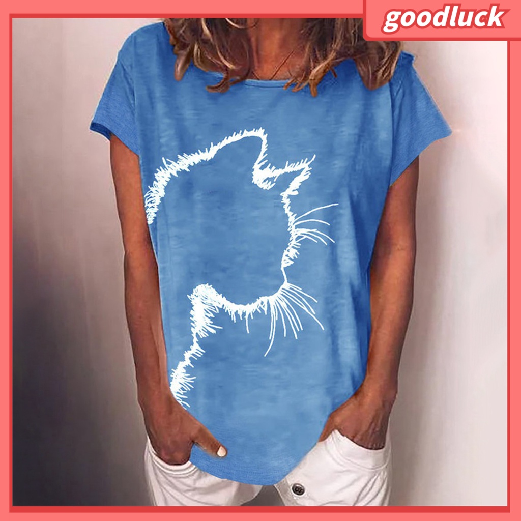 Áo Thun Tay Ngắn Cổ Tròn In Hình Mèo Thời Trang Mùa Hè Cho Nữ