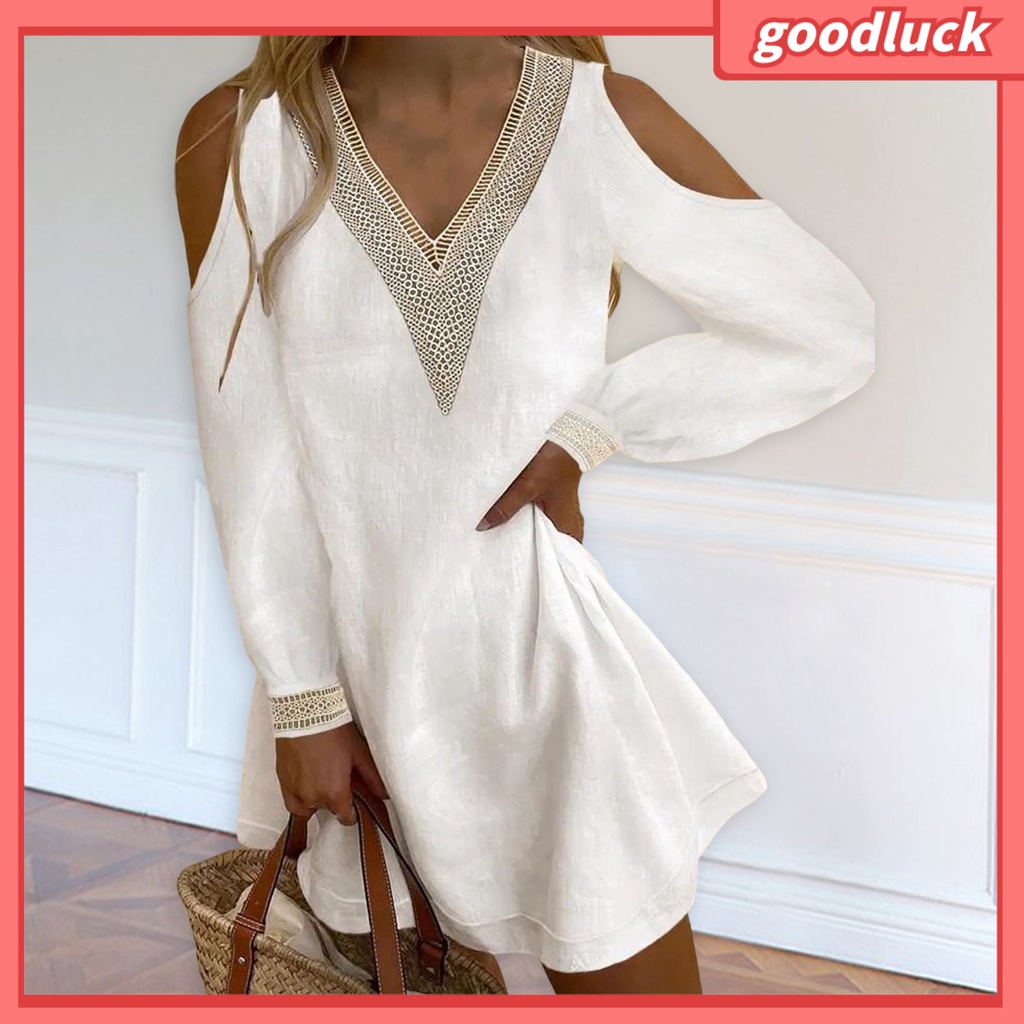 Đầm Mini Tay Dài Màu Trơn Cổ Chữ V Phối Ren Thanh Lịch Cho Nữ