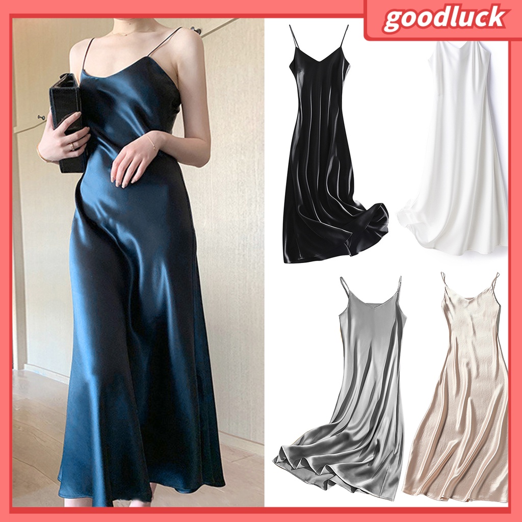 Đầm Dạ Hội Midi Hai Dây Hở Lưng Cổ Chữ V Khoét Sâu Màu Trơn Bằng Vải Satin Cho Nữ