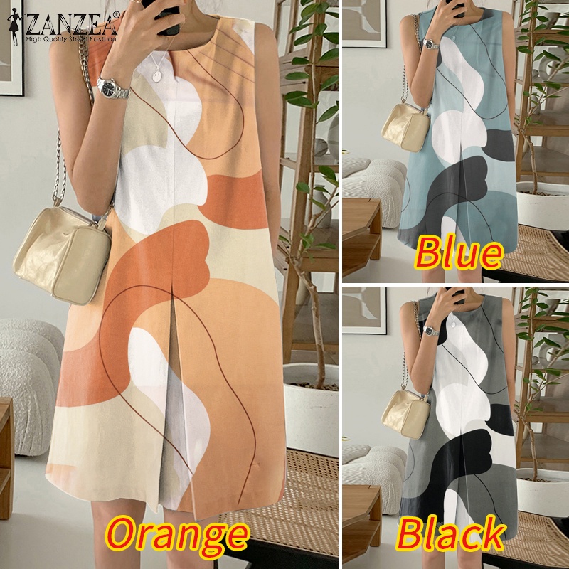 Zanzea Đầm Sát Nách Cổ Tròn In Họa Tiết Chữ H Phối Túi Sau Lưng Thời Trang Cho Nữ