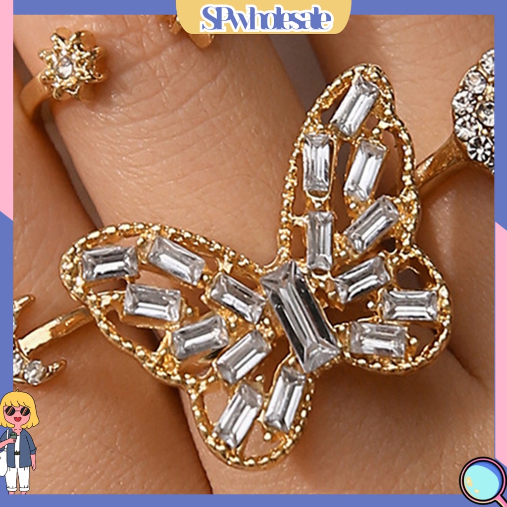 <SPwholesale> Set 5 Nhẫn Đeo Khớp Ngón Tay Họa Tiết Bướm / Mặt Trăng / Ngôi Sao Đính Đá Thời Trang