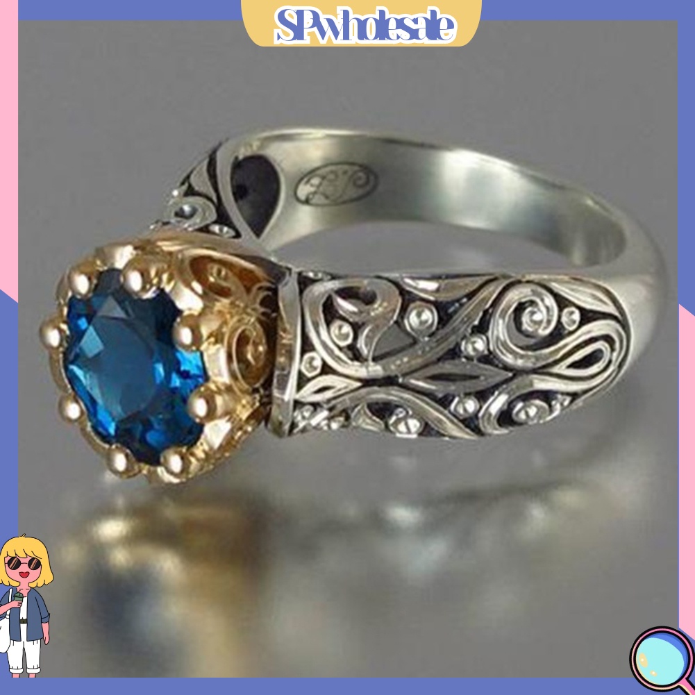<SPwholesale> Nhẫn Mạ Bạc Đính Đá Topaz Nhân Tạo Phong Cách Vintage Thời Trang
