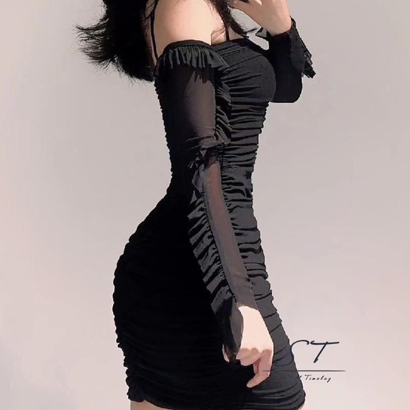 Cy03-đầm Ôm Dáng Tay Dài Cổ Thuyền Hở Lưng Phối Lưới Xuyên Thấu Màu Trơn Cho Nữ