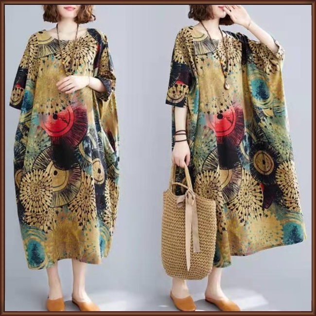 Đầm Tay Ngắn Cổ Tròn Dáng Chữ H In Họa Tiết Thổ Cẩm Thời Trang Cho Nữ