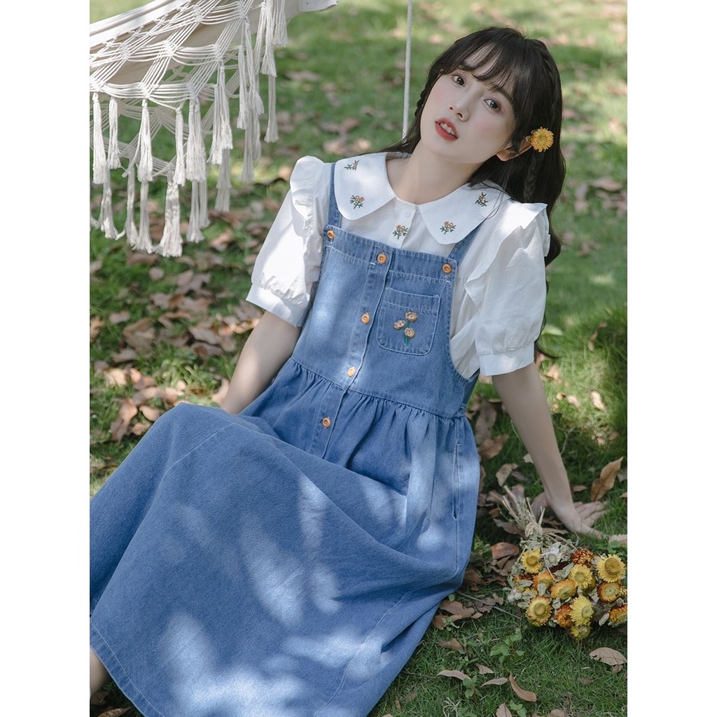Đầm Yếm Denim Mùa Hè 2023 Thêu Họa Tiết Nghệ Thuật Phong Cách Pháp Cổ Điển Ngọt Ngào Thiết Kế Mới Cho Nữ Giao Hàng Miễn Phí Vận Chuyển