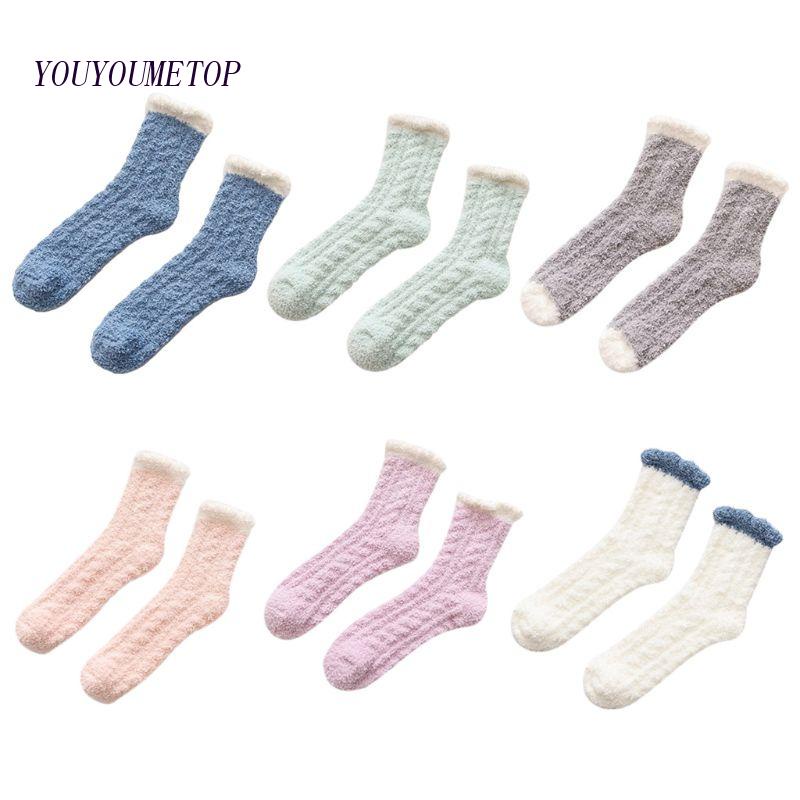 Youyo Vớ Nhung San Hô Dệt Kim Dày Dặn Màu Kẹo Trơn Nhật Bản Cho Nữ Vào Mùa Đông