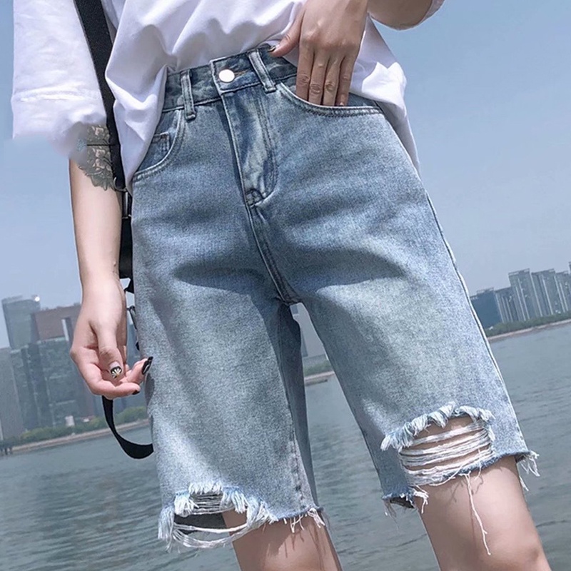 IELGY    Quần Short denim Rách Lưng Cao Dáng Chữ a Thời Trang Cho Nữ