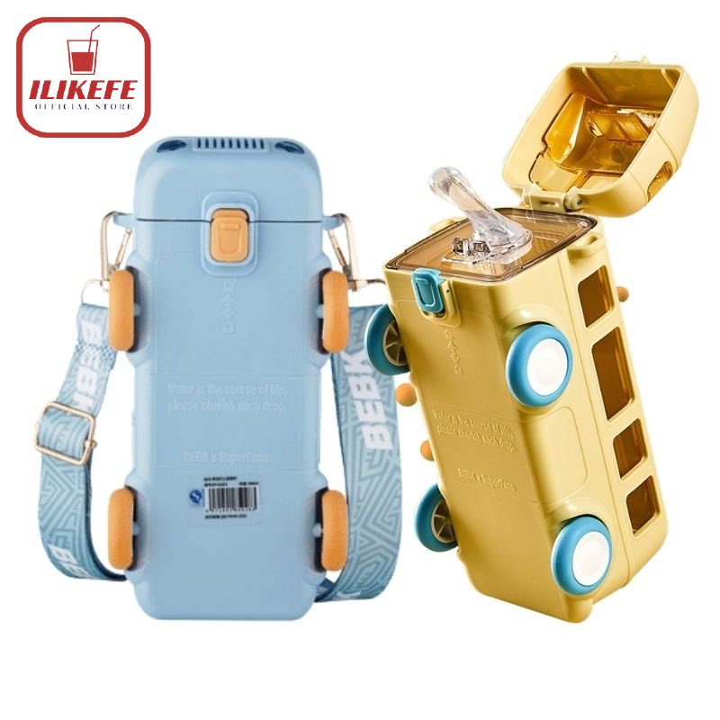 ILIKEFE Bình Nước Hình Xe Buýt Sáng Tạo Dễ Thương 500ML Có Ống Hút / Lăn / Dây Đeo Nhỏ Gọn Dễ Thương Dành Cho Học Sinh Nam Nữ/Bình Nước Xe Bus