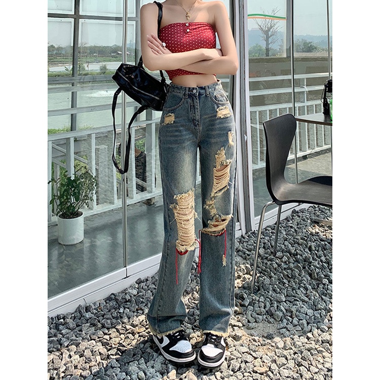 COZOKC Quần Jeans Skinny Lưng Cao Phối Rách Phong Cách Vintage