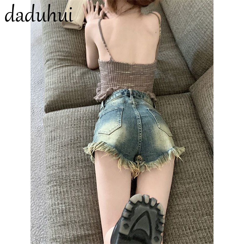 Daduhui New Korean Version of INS Retro Denim Shorts Women's Washed High Waisted A- line Pants Large Hot Pants