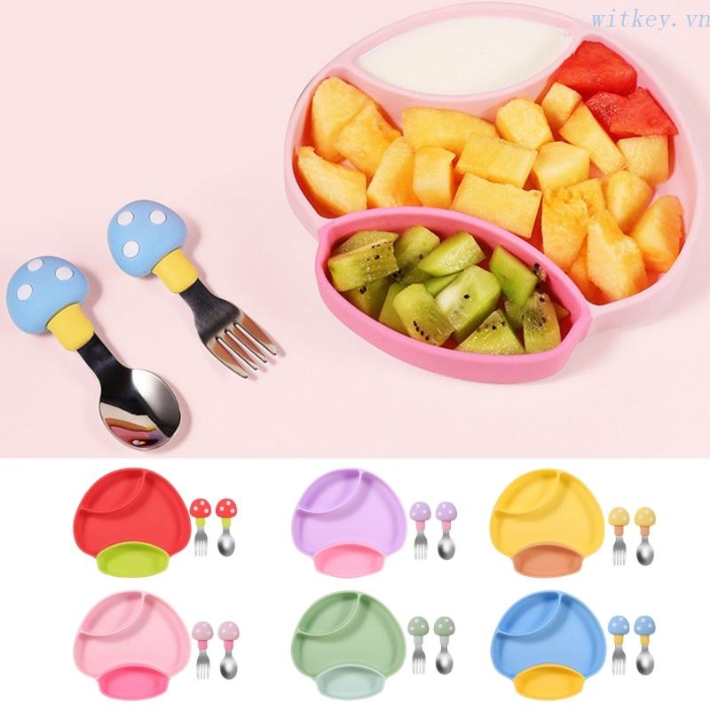 Đĩa Chia Ngăn Bằng Silicone Cấp Thực Phẩm Kèm Muỗng Và Nĩa Tiện Lợi