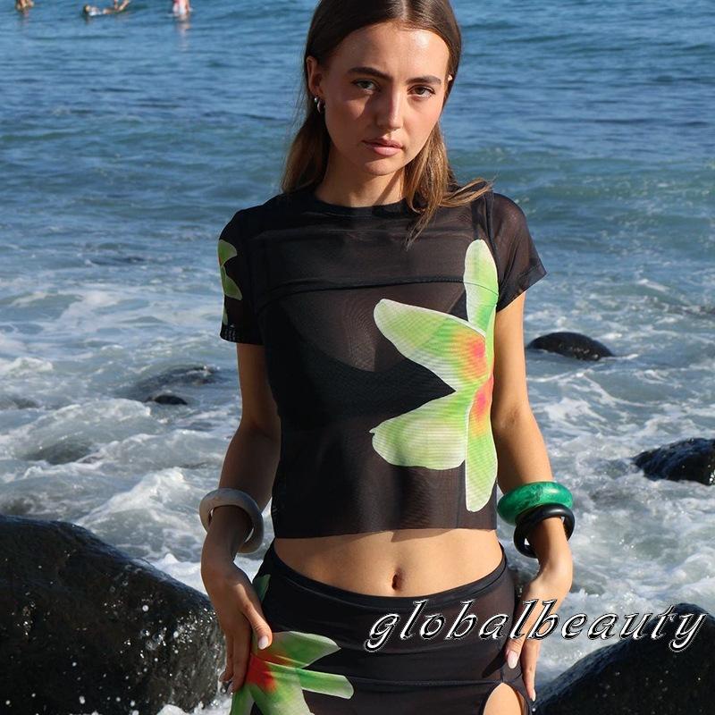 Bộ Trang Phục 2 Mảnh Gồm Áo Thun Lưới Tay Cộc In Họa Tiết Hoa + Chân Váy Chữ A Mini Cho Nữ