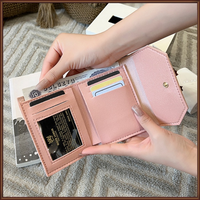 Ví Da Pu Đựng Thẻ / Tiền Xu Phối Màu Tương Phản Đính Nơ Xinh Xắn Cho Nữ