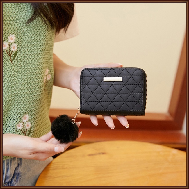 Ví Ngắn Bằng Da Pu Màu Trơn Thêu Họa Tiết Có Nhiều Ngăn Đựng Thẻ Và Bóng Lông Cho Nữ