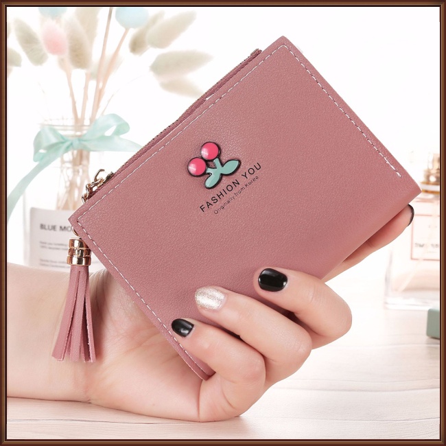 Ví Ngắn Dạng Gập Có Nhiều Ngăn Đựng Thẻ Màu Trơn Đính Tua Rua Và Khóa Kéo Thời Trang Cho Nữ